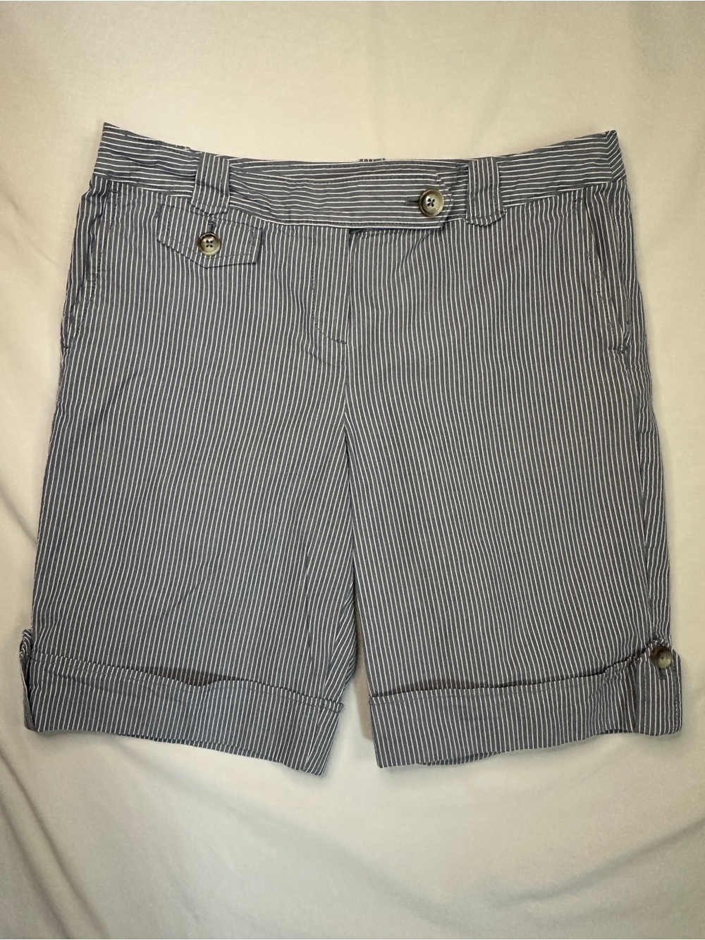 Ann Taylor Navy and White Pinstripe Bermuda Shorts